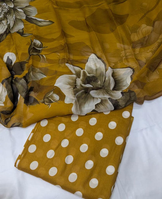 3-Pc Polka Print Suit | Print Bamber Dupatta [Musterd Color]