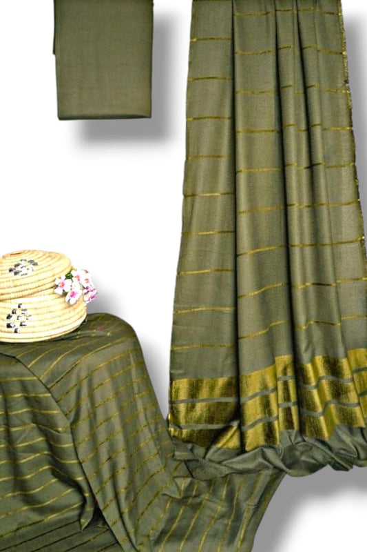 Hayadar Clothing Alpine Velvet Dhank Marina 3-piece winter set in mud green, featuring plush fabric and cozy design.