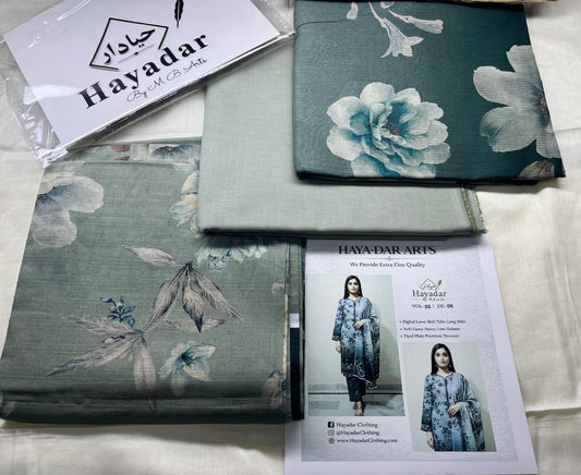 Sage green 3-piece premium lawn suit with rice slub fabric and voile dupatta from Hayadar Clothing in 2026 design.