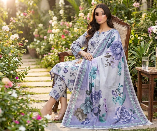 Three-piece fine weave lawn suit with printed design and voil dupatta by Hayadar Clothing, featuring intricate fabric details.