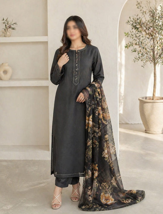 3-Pc Luxury Plain Suit | Bamber Print Dubatta [Black 🖤]