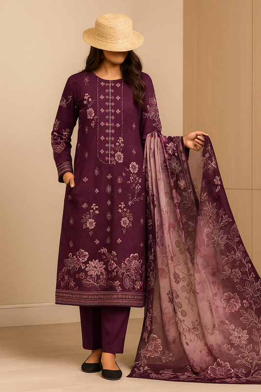 Elegant embroidery on viscose fabric from Hayadar Clothing's 3-piece winter collection, showcasing export quality print design.