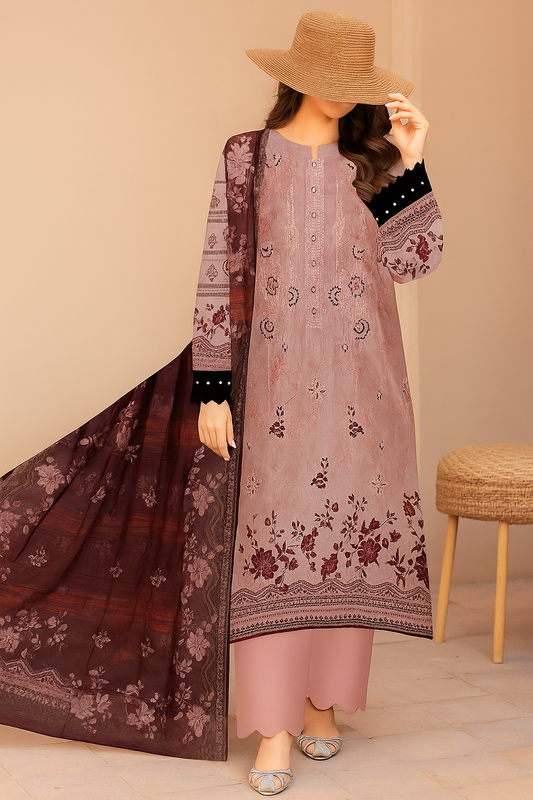 Hayadar Clothing 3-piece embroidery viscose winter collection set with export quality print, featuring intricate embroidery designs.