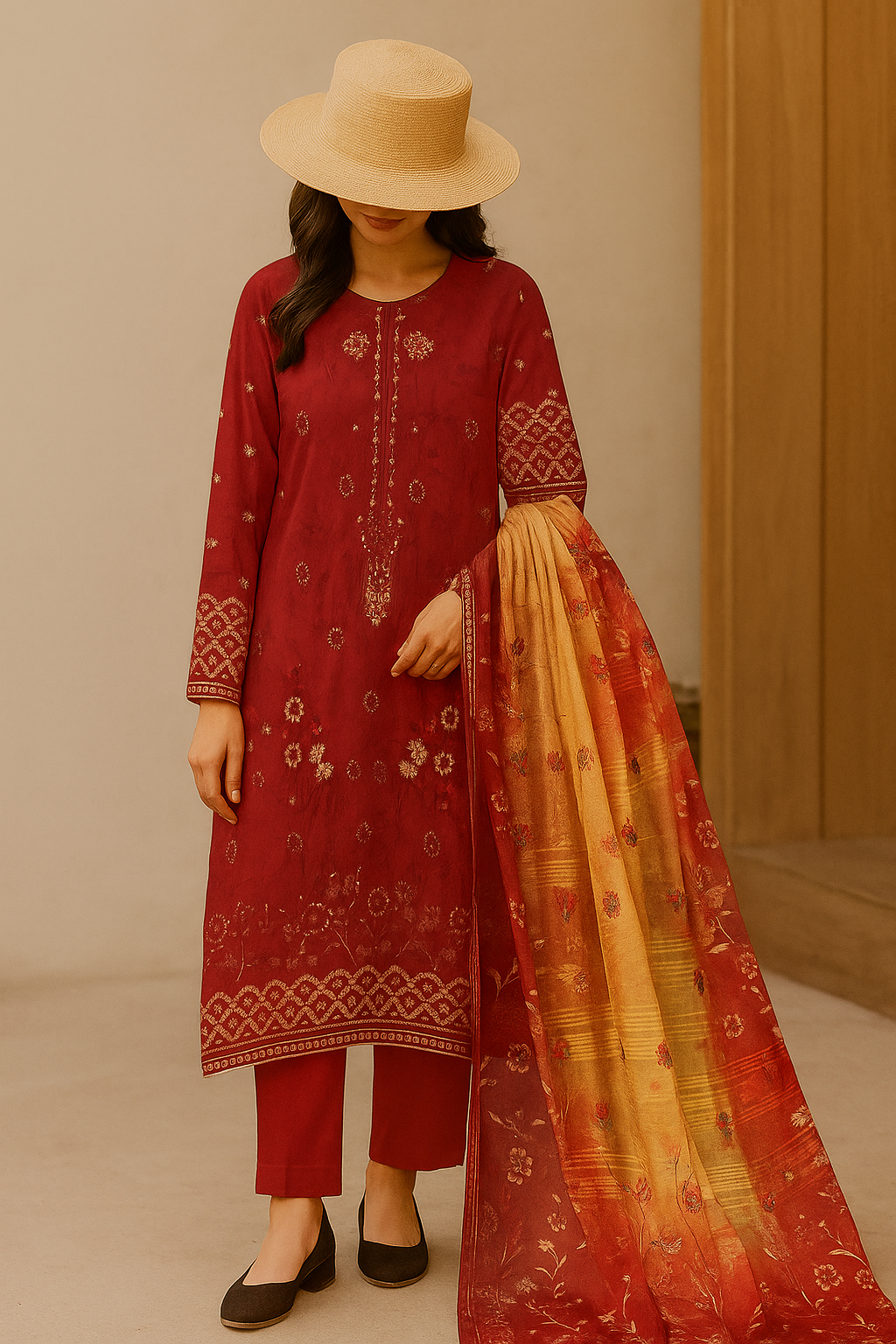 Elegant 3-piece winter embroidery set by Hayadar Clothing, featuring export-quality viscose fabric with intricate print design.