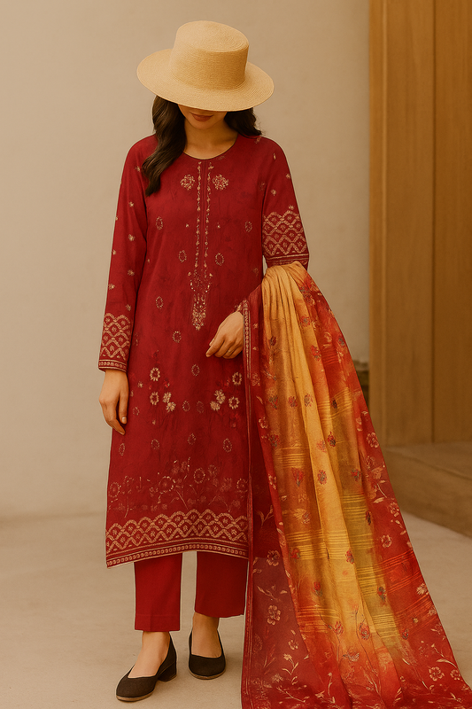 Elegant 3-piece winter embroidery set by Hayadar Clothing, featuring export-quality viscose fabric with intricate print design.