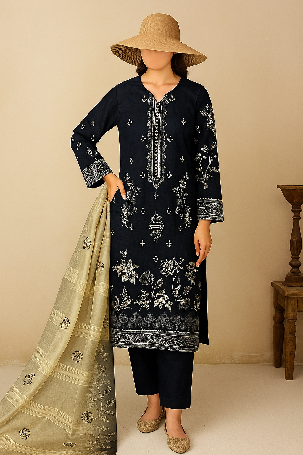 Hayadar Clothing 3-piece embroidery viscose winter collection with export quality print, featuring intricate embroidery and comfortable fabric.