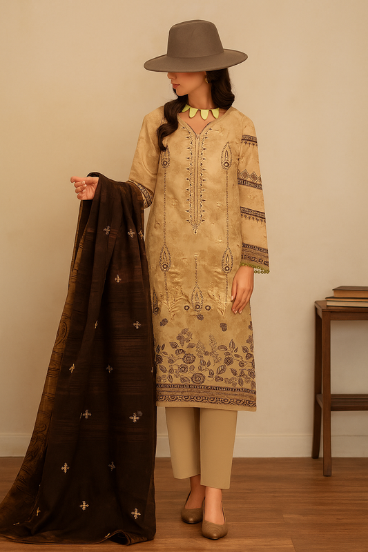 Embroidery export quality print viscose winter collection 3-piece set by Hayadar Clothing, featuring embroidered designs in a cozy winter style.