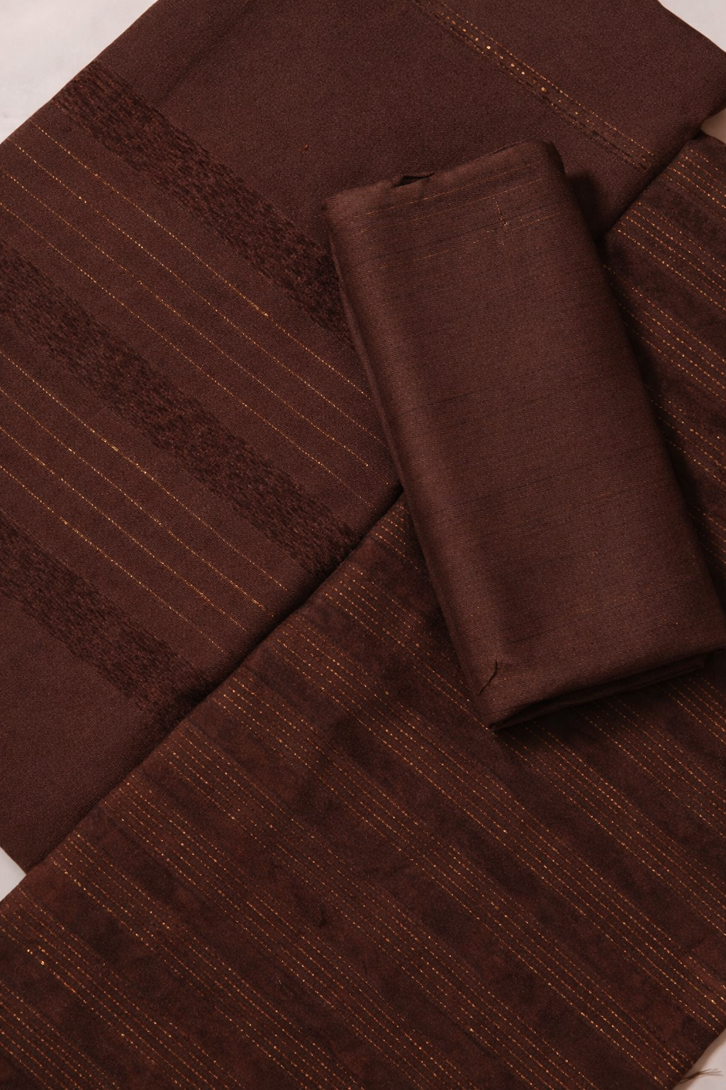 Chocolate brown velvet winter charki set with zari embroidery from Hayadar Clothing's Alpine Chamki collection, featuring three pieces.