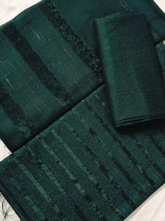 Three-piece Alpine Chamki Zari velvet Marina winter collection in bottle green, featuring intricate embroidery and luxurious fabric.