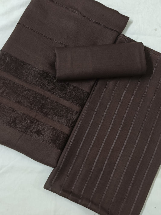 Hayadar Clothing Alpine Velvet Dhank Marina 3-piece winter set in chocolate brown with plush velvet fabric and intricate detailing.